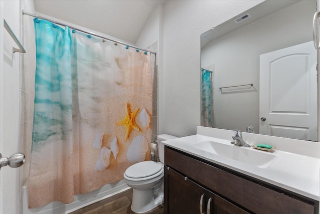 full bathroom featuring shower / tub combo, toilet, vanity, and wood-type flooring