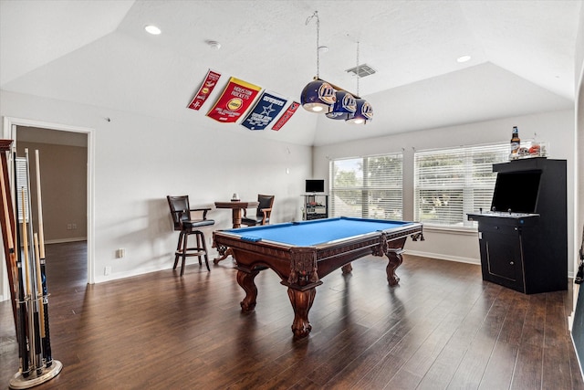 recreation room featuring dark hardwood / wood-style flooring, lofted ceiling, and billiards