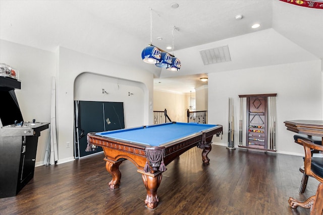 recreation room featuring dark wood-type flooring, vaulted ceiling, and pool table