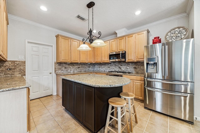 kitchen with tasteful backsplash, crown molding, light tile patterned flooring, and appliances with stainless steel finishes