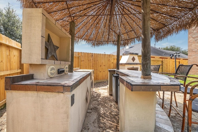 view of patio / terrace featuring an outdoor bar and exterior kitchen