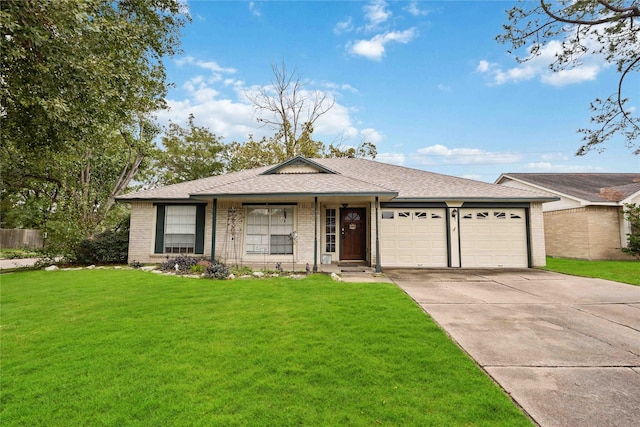 ranch-style house with a front yard and a garage