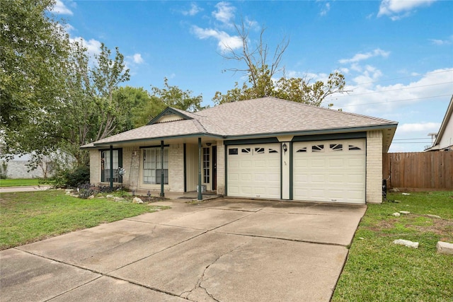 ranch-style house with a front yard and a garage