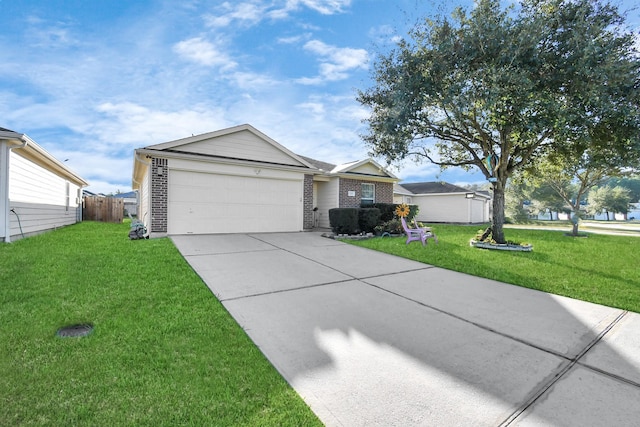 single story home with a front yard and a garage