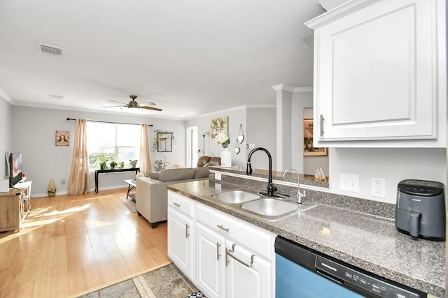 kitchen featuring crown molding, sink, light hardwood / wood-style flooring, dishwasher, and white cabinetry