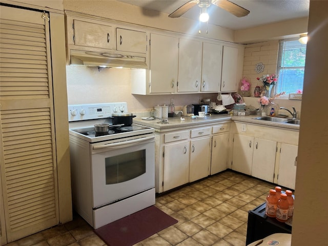 kitchen with white cabinetry, ceiling fan, sink, and white electric range oven