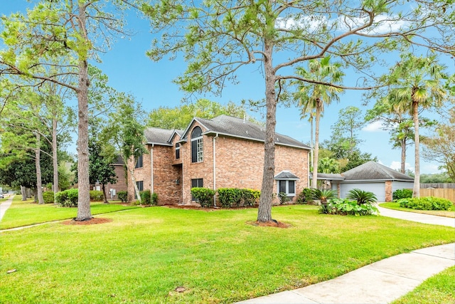 view of side of property featuring a lawn and a garage