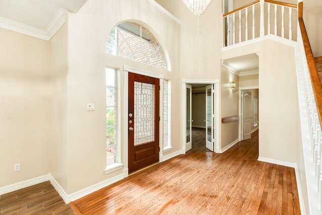 foyer featuring a wealth of natural light, a towering ceiling, and wood-type flooring