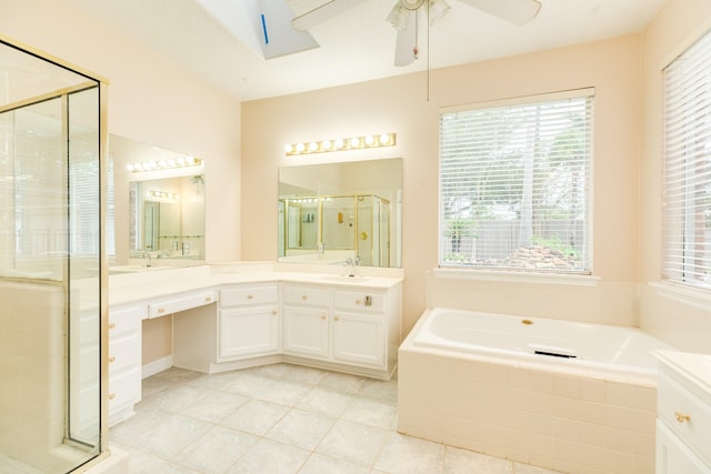 bathroom with tile patterned flooring, shower with separate bathtub, vanity, and ceiling fan