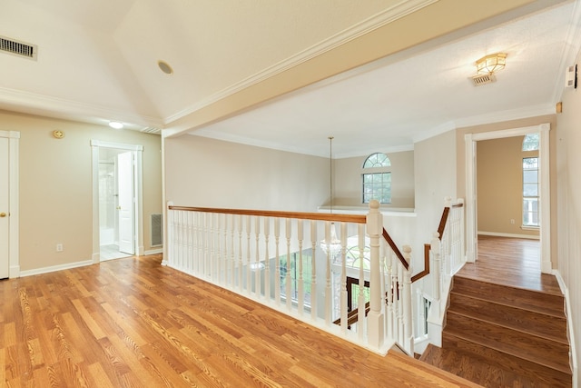 hallway with hardwood / wood-style floors, crown molding, and a healthy amount of sunlight