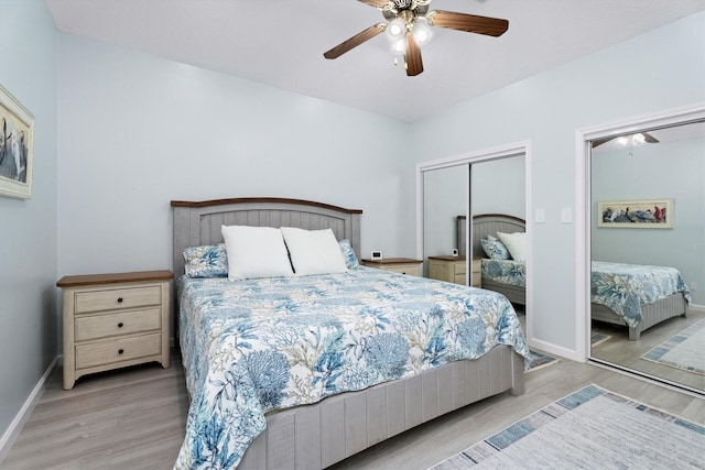 bedroom with ceiling fan and light wood-type flooring