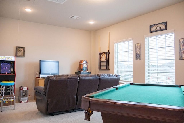 rec room featuring light carpet and billiards