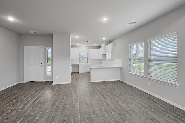 kitchen featuring white cabinets, dark hardwood / wood-style floors, and kitchen peninsula