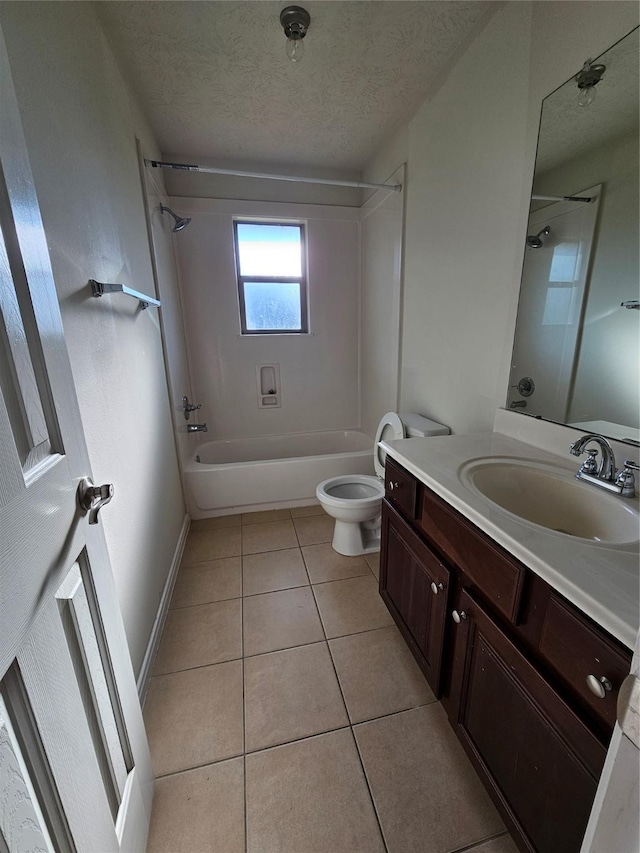 full bathroom featuring tile patterned flooring,  shower combination, a textured ceiling, toilet, and vanity