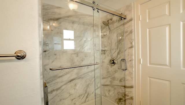 bathroom featuring a shower with door