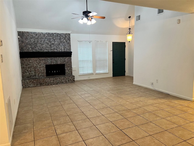 unfurnished living room featuring a fireplace, light tile patterned floors, high vaulted ceiling, and ceiling fan