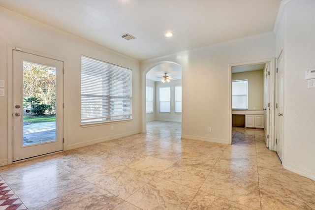 19238 Clear Sky Dr, Humble, TX 77346 - unfurnished room featuring crown molding, a ceiling fan, baseboards, and visible vents