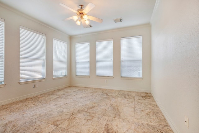 unfurnished room with crown molding and ceiling fan