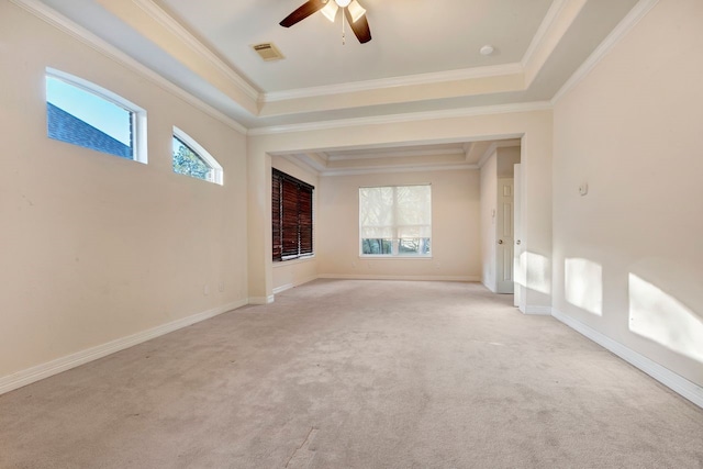 carpeted spare room featuring a raised ceiling, ceiling fan, and ornamental molding