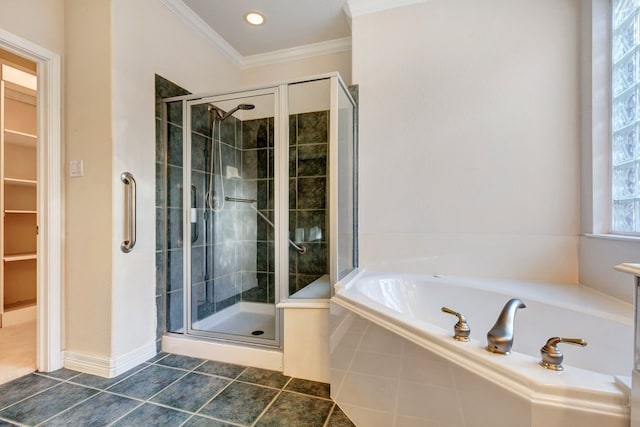 bathroom with tile patterned flooring, ornamental molding, and shower with separate bathtub