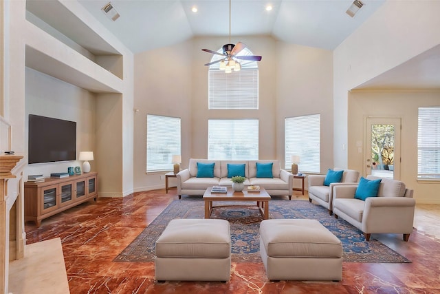19238 Clear Sky Dr, Humble, TX 77346 - living area featuring ceiling fan, visible vents, a high ceiling, and marble finish floor