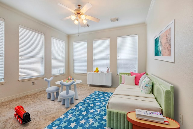 19238 Clear Sky Dr, Humble, TX 77346 - living area featuring ornamental molding, a ceiling fan, and visible vents