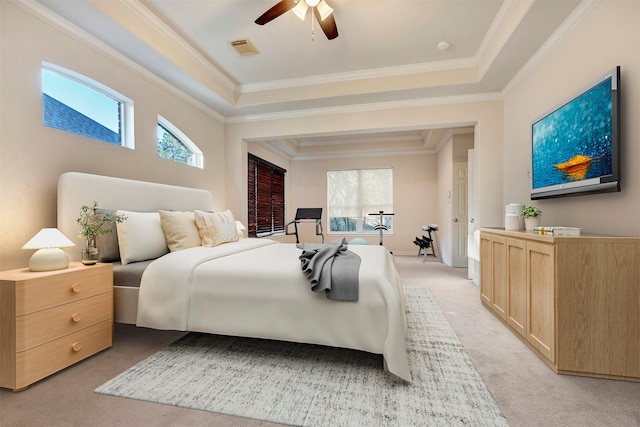 19238 Clear Sky Dr, Humble, TX 77346 - bedroom with crown molding, light carpet, a raised ceiling, and visible vents
