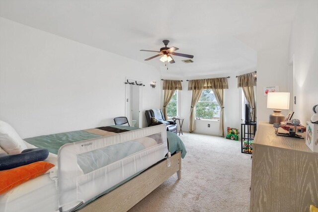 carpeted bedroom with ceiling fan