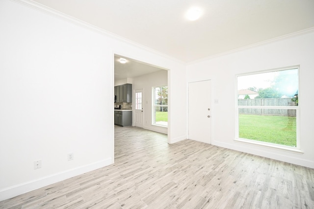 empty room with crown molding and light hardwood / wood-style floors