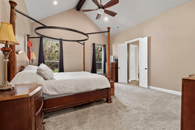 carpeted bedroom featuring visible vents, baseboards, high vaulted ceiling, ceiling fan, and beamed ceiling