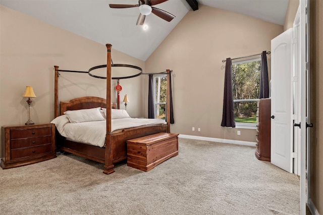 carpeted bedroom featuring beamed ceiling, baseboards, high vaulted ceiling, and a ceiling fan