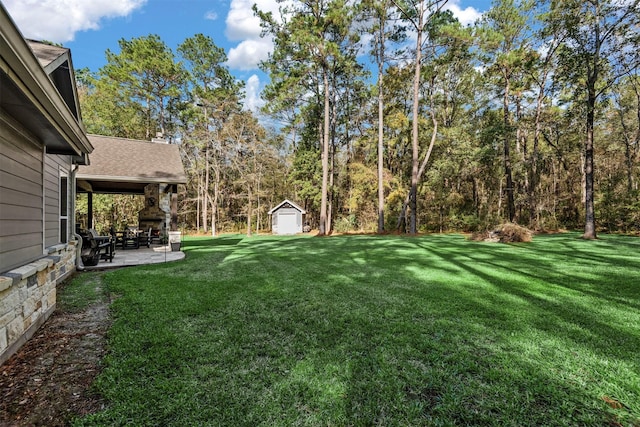 view of yard featuring a patio, a storage shed, and an outbuilding