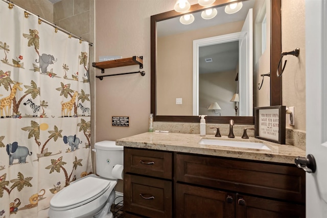 bathroom with a shower with shower curtain, toilet, and vanity