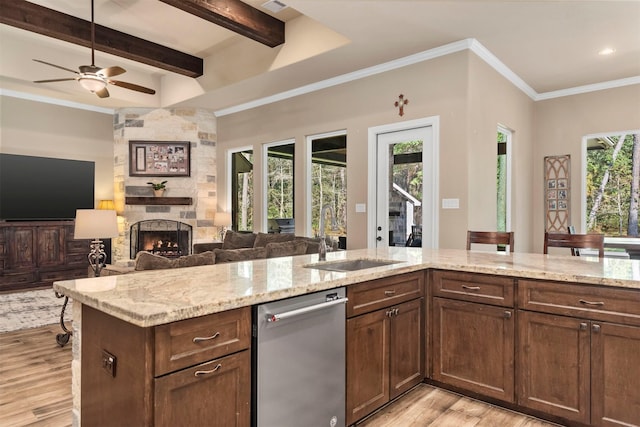 kitchen featuring a sink, stainless steel dishwasher, open floor plan, light wood-style floors, and a fireplace