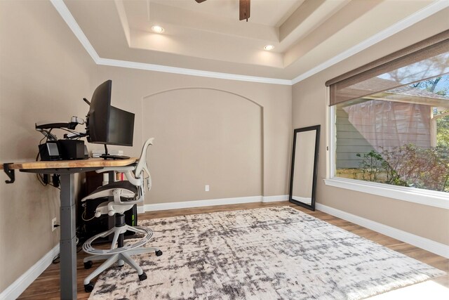 office space with ceiling fan, baseboards, a raised ceiling, and wood finished floors