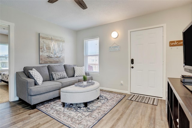 living room featuring ceiling fan, a textured ceiling, and hardwood / wood-style flooring