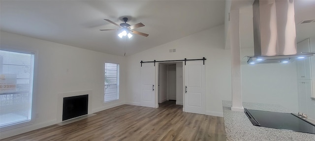 interior space featuring vaulted ceiling, ceiling fan, light hardwood / wood-style floors, and a barn door