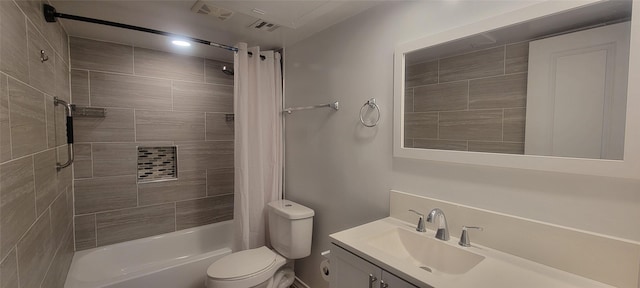 full bathroom with toilet, shower / tub combo, and vanity