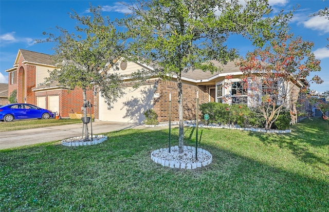 view of front of property with a garage and a front lawn