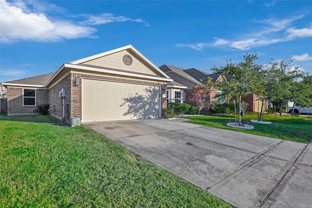 ranch-style home with a garage and a front lawn