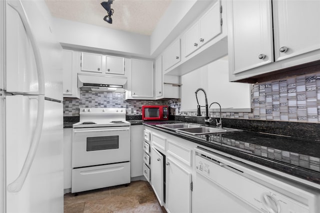 kitchen featuring white cabinets, a textured ceiling, white appliances, and sink