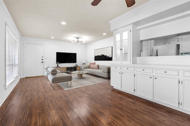 living room with crown molding, dark hardwood / wood-style flooring, and a textured ceiling