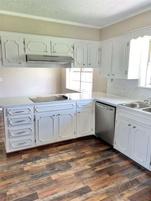 kitchen with dark wood-type flooring, black electric stovetop, stainless steel dishwasher, a textured ceiling, and white cabinetry