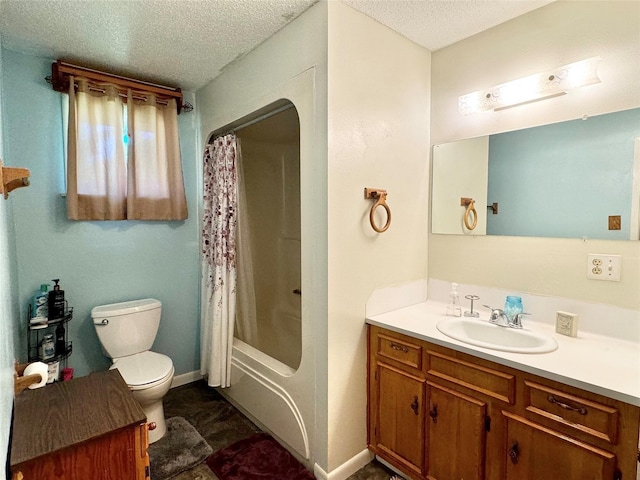 full bathroom with shower / bath combo, toilet, a textured ceiling, and vanity