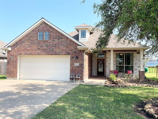 view of front of property with a garage and a front lawn