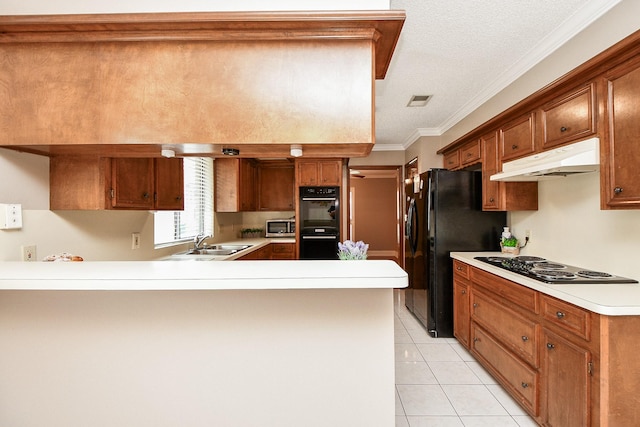 kitchen with sink, light tile patterned floors, ornamental molding, black appliances, and kitchen peninsula