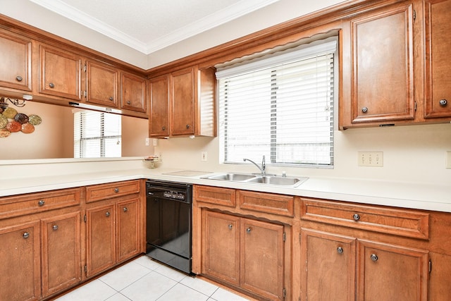 kitchen with sink, crown molding, black dishwasher, and light tile patterned flooring