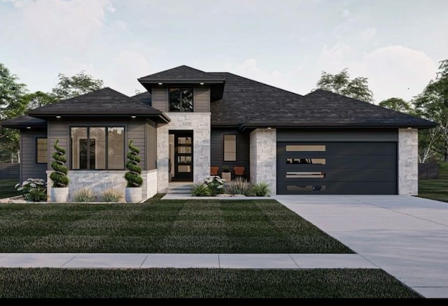 prairie-style house with a front lawn and a garage