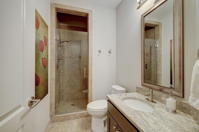 bathroom with tile patterned flooring, vanity, toilet, and an enclosed shower