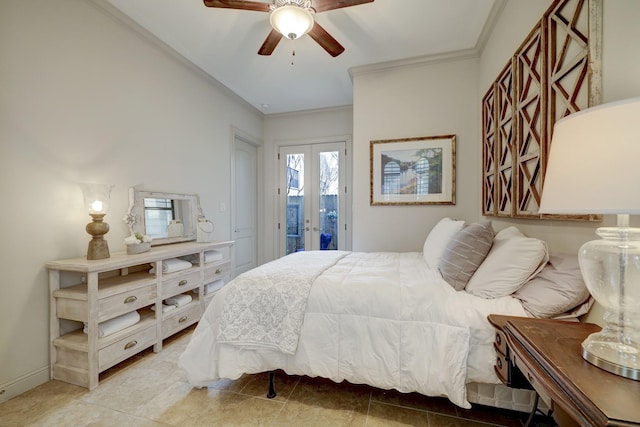 tiled bedroom featuring ceiling fan, access to exterior, crown molding, and french doors